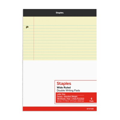 Staples Notepads, 8.5" x 11.75", Wide Ruled, Canary, 100 Sheets/Pad, 6 Pads/Pack (ST57349)