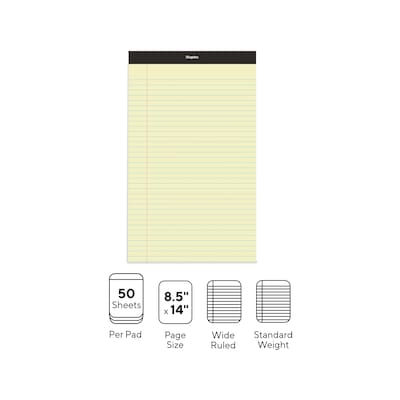 Staples Notepad, 8.5" x 14", Wide Ruled, Canary, 50 Sheets/Pad, Dozen Pads/Pack (ST57301)
