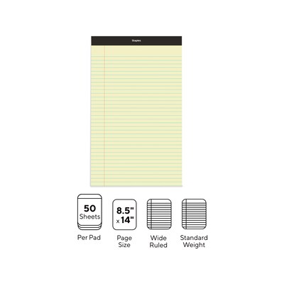 Staples Notepad, 8.5" x 14", Wide Ruled, Canary, 50 Sheets/Pad, Dozen Pads/Pack (ST57301)