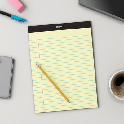 Staples Notepads, 8.5" x 11.75", Wide Ruled, Canary, 50 Sheets/Pad, Dozen (ST57300)