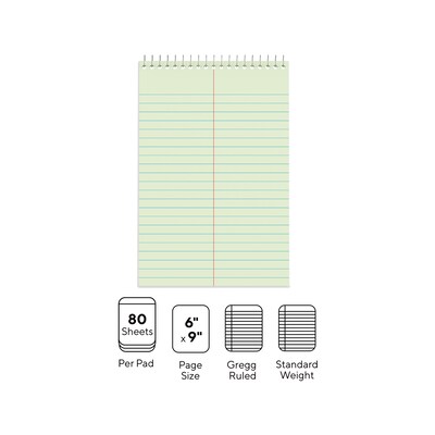 Staples Steno Pads, 6" x 9", Gregg Ruled, Green, 80 Sheets/Pad, Dozen Pads/Pack (ST57353)