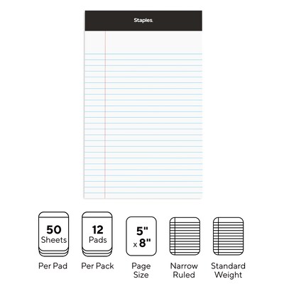 Staples®, 5" x 8", White, Perforated Writing Pads, Narrow Ruled, 12/Pack