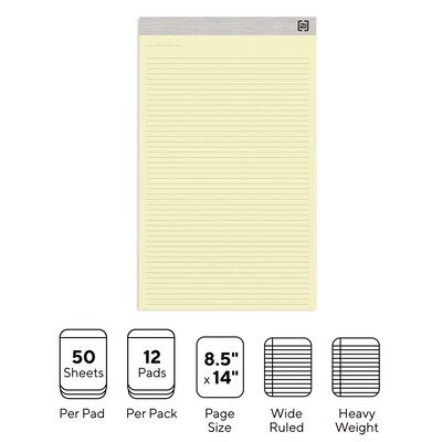 TRU RED™ Notepads, 8.5" x 14", Wide Ruled, Canary, 50 Sheets/Pad, 12 Pads/Pack (TR57386)