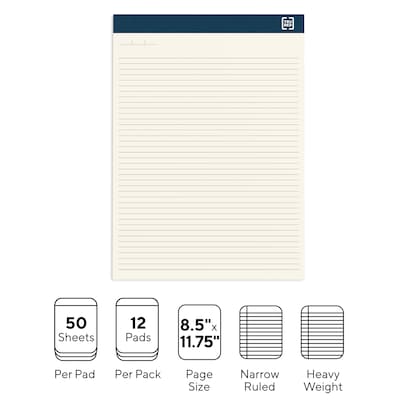 TRU RED™ Notepads, 8.5" x 11.75", Narrow Ruled, Ivory, 50 Sheets/Pad, 12 Pads/Pack (TR58195)