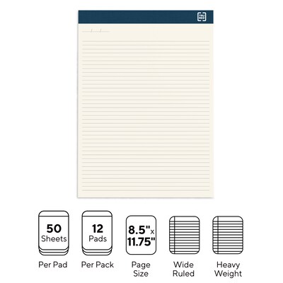 TRU RED™ Notepads, 8.5" x 11.75", Wide Ruled, Ivory, 50 Sheets/Pad, 12 Pads/Pack (TR58194)