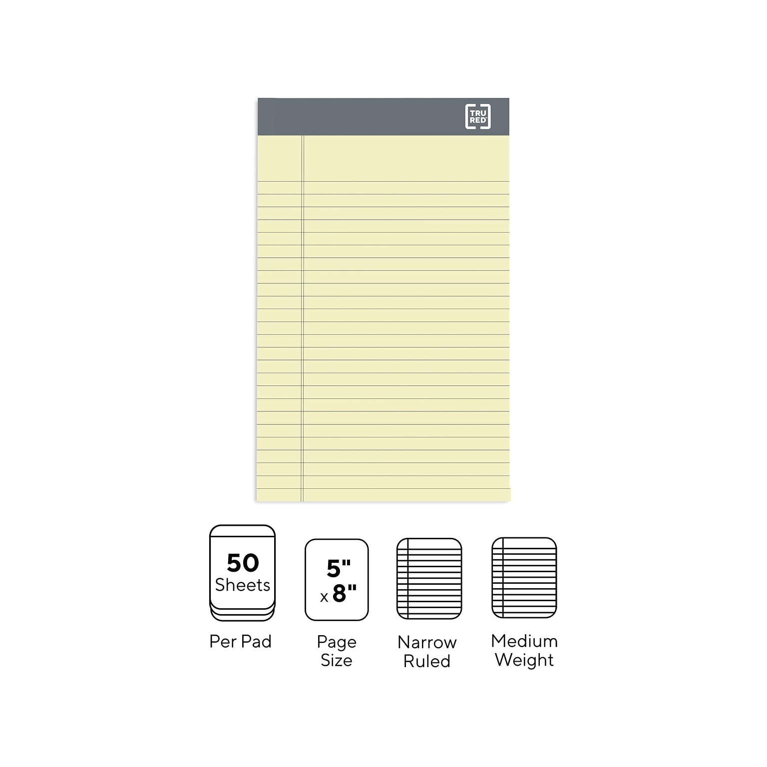 TRU RED™ Notepad, 5 x 8, Narrow Ruled, Canary, 50 Sheets/Pad, 6 Pads/Pack (TR57357)