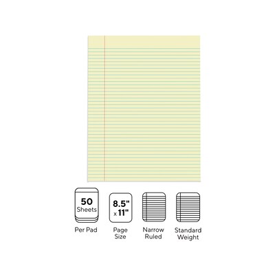 STAPLES Notepads, 8.5” x 11”, Narrow Ruled, Canary, 50 Sheets/Pad, 12-Pack