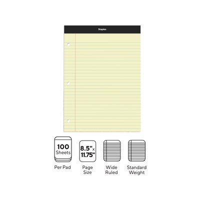 Staples Notepads, 8.5" x 11.75", Wide Ruled, Canary, 100 Sheets/Pad, 6 Pads/Pack (ST57349)
