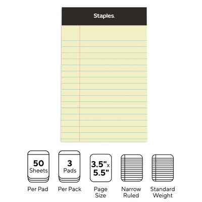 Staples® Mini Legal Notepad, 3" x 5", Narrow Ruled, Canary, 50 Sheets/Pad, 3/Pack (36312)
