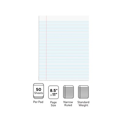 STAPLES Notepads, 8.5” x 11”, Narrow Ruled, White, 50 Sheets/Pad, 12-Pack