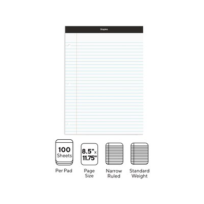 Staples Notepad, 8.5 x 11.75, Narrow Ruled, White, 100 Sheets/Pad (ST57345/TR57345)
