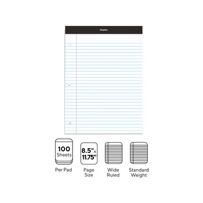 Staples Notepads, 8.5" x 11.75", Wide Ruled, White, 100 Sheets/Pad, 6 Pads/Pack (ST57350)