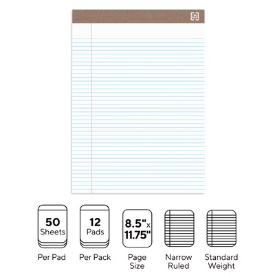 TRU RED™ Notepad, 8.5" x 11.75", Narrow Ruled, White, 50 Sheets/Pad, Dozen Pads/Pack (TR58187)