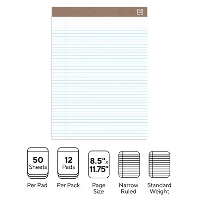 TRU RED™ Notepad, 8.5" x 11.75", Narrow Ruled, White, 50 Sheets/Pad, Dozen (TR59938/TR58187)