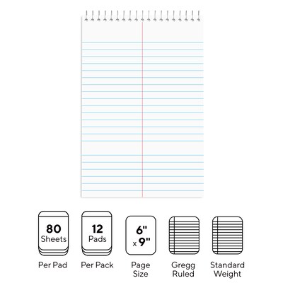 Staples Steno Pad, 6 x 9, Gregg Ruled, White, 80 Sheets/Pad, Dozen (ST57354/TR57354)