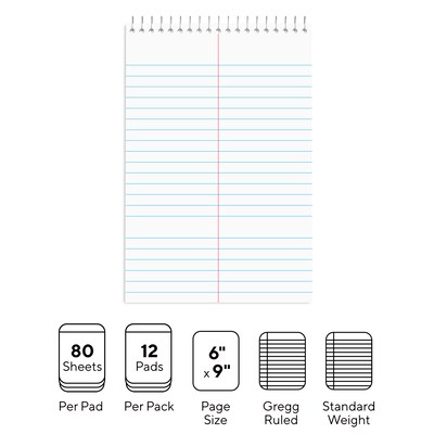 Staples Steno Pads, 6" x 9", Gregg Ruled, White, 80 Sheets/Pad, Dozen Pads/Pack (ST57354)