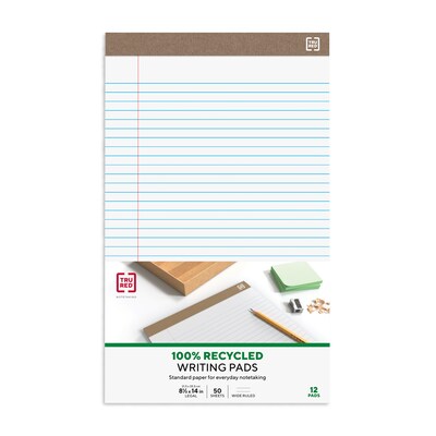 Staples Notepads, 8.5" x 14" (legal), Wide Ruled, White, 50 Sheets/Pad, Dozen Pads/Pack (58189)