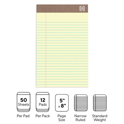 TRU RED™ Notepad, 5" x 8", Narrow Ruled, Canary, 50 Sheets/Pad, Dozen (TR59932/TR58180)