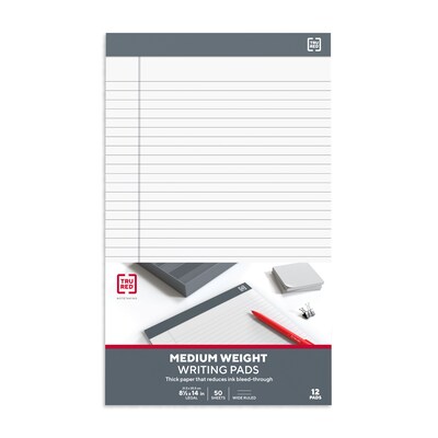 TRU RED™ Notepads, 8.5" x 14", Wide Ruled, White, 50 Sheets/Pad, 12 Pads/Pack (TR57372)