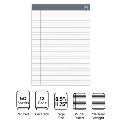 TRU RED™ Notepads, 8.5" x 11.75", Wide Ruled, White, 50 Sheets/Pad, 12 Pads/Pack (TR57367)