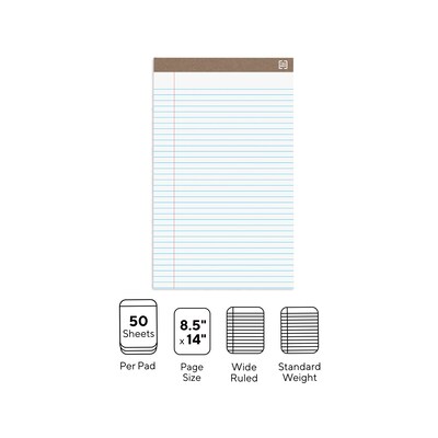 Staples Notepads, 8.5" x 14" (legal), Wide Ruled, White, 50 Sheets/Pad, Dozen Pads/Pack (58189)