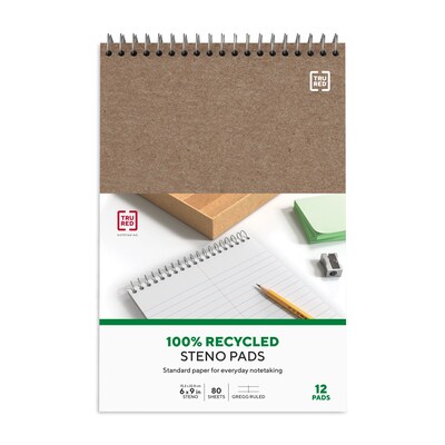 TRU RED™ Steno Pad, 6" x 9", Gregg Ruled, Kraft, 80 Sheets/Pad, Dozen (TR59940/TR58190)