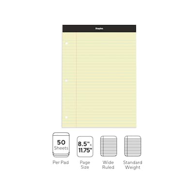 Staples Double-Sheet Notepad, 8.5 x 11.75, Wide Ruled, Canary, 100 Sheets/Pad (20-243)