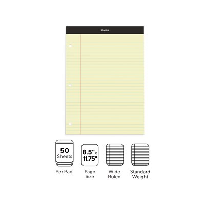 Staples Double-Sheet Notepad, 8.5" x 11.75", Wide Ruled, Canary, 100 Sheets/Pad (20-243)