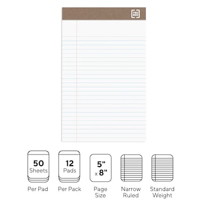 TRU RED™ Notepad, 5" x 8", Narrow Ruled, White, 50 Sheets/Pad, Dozen Pads/Pack (TR58181)
