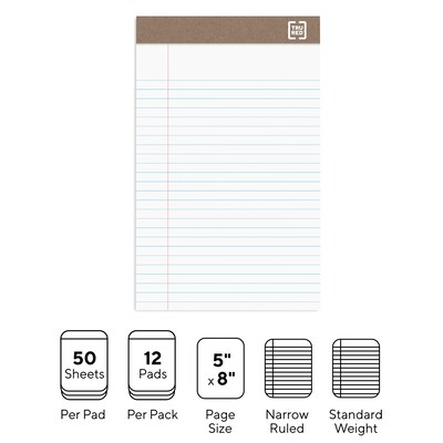 TRU RED™ Notepad, 5" x 8", Narrow Ruled, White, 50 Sheets/Pad, Dozen Pads/Pack (TR58181)