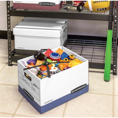 Bankers Box R-Kive Heavy Duty 60% Recycled FastFold Corrugated File Box Lift Off Lid, Letter/Legal Size, White/Blue, 20/Carton