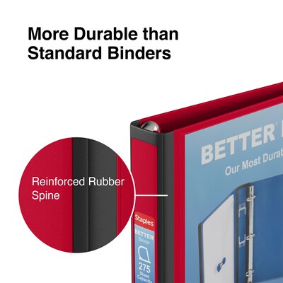 Staples® Better 1" 3 Ring View Binder with D-Rings, Red (18370)
