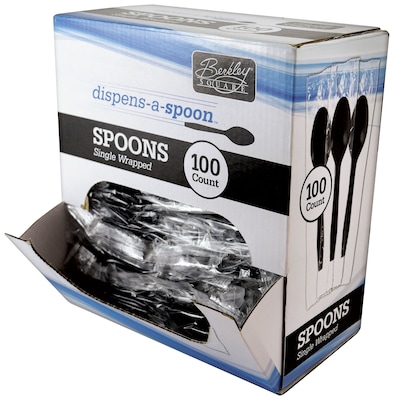 Berkley Square Dispens-a-Spoon Plastic Tea Spoon, Medium-Weight, Black, 100/Box (1223003)