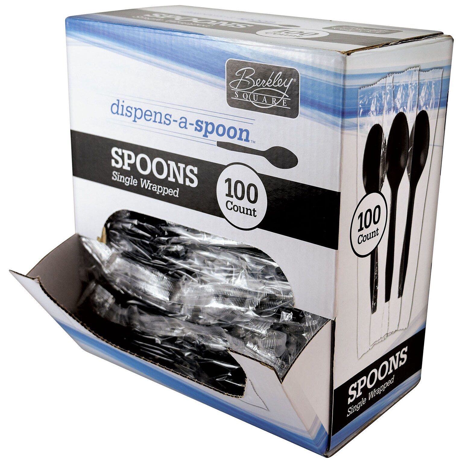 Berkley Square Dispens-a-Spoon Plastic Tea Spoon, Medium-Weight, Black, 100/Box (1223003)