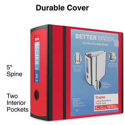 Staples® Better 5" 3 Ring View Binder with D-Rings, Red (27924)