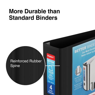 Staples® Better 4" 3 Ring View Binder with D-Rings, Black (44103)