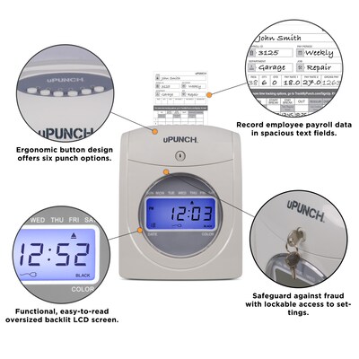 uPunch Electronic Calculating Bundle Punch Card Time Clock System, Gray/Beige (UB2000)