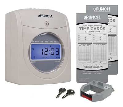 uPunch Electronic Calculating Time Clock Starter Bundle Punch Card System, White (HN2500)