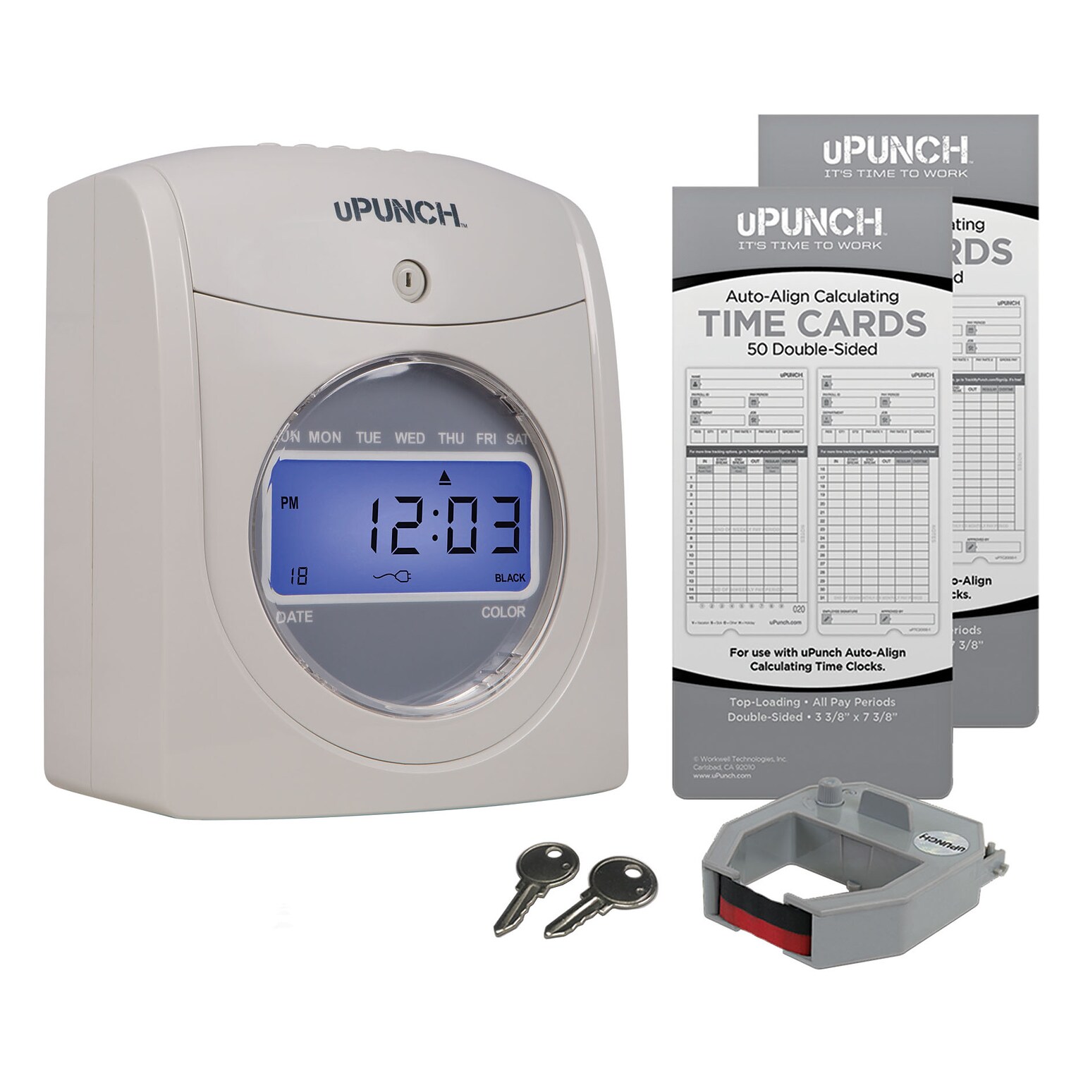 uPunch Electronic Calculating Time Clock Starter Bundle Punch Card System, White (HN2500)