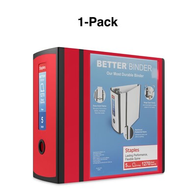 Staples® Better 5" 3 Ring View Binder with D-Rings, Red (27924)