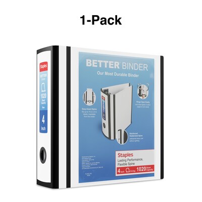 Staples® Better 4" 3 Ring View Binder with D-Rings, White (27923)