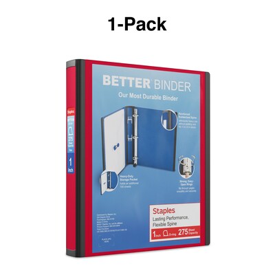 Staples® Better 1" 3 Ring View Binder with D-Rings, Red (18370)