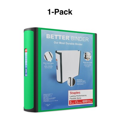 Staples® Better 3" 3 Ring View Binder with D-Rings, Green (19936)