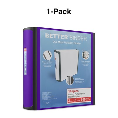 Staples® Better 3" 3 Ring View Binder with D-Rings, Purple (20246)
