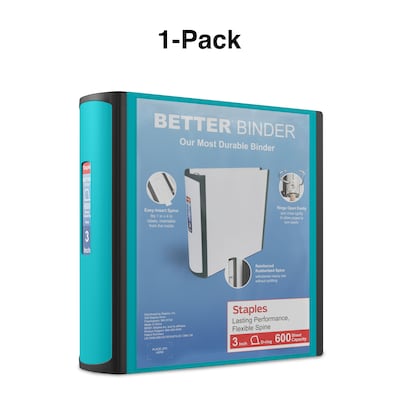 Staples® Better 3" 3 Ring View Binder with D-Rings, Teal (15129-US)