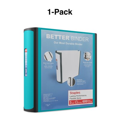 Staples® Better 3" 3 Ring View Binder with D-Rings, Teal (15129-US)