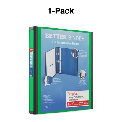 Staples® Better 1" 3 Ring View Binder with D-Rings, Green (19063)