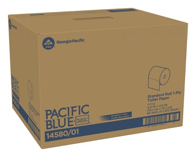 Pacific Blue Basic Recycled Toilet Paper, 1-Ply, White, 1210 Sheets/Roll, 80 Rolls/Carton (1458001/1