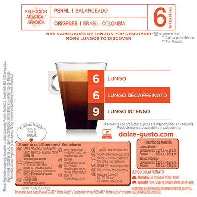 Nescafe Dolce Gusto Lungo Coffee Nescafe Capsules, Medium Dark Roast, 16/Box (NES27329)