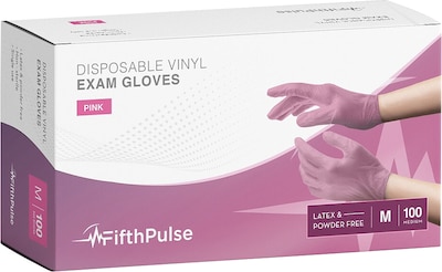 FifthPulse Powder Free Vinyl Exam Gloves, Latex Free, Medium, Pink, 100/Box (FMN100042)